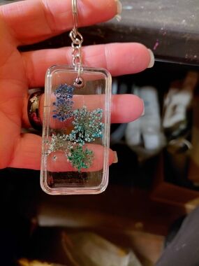 Handmade Resin Keychain with Blue and Teal Dried Flowers